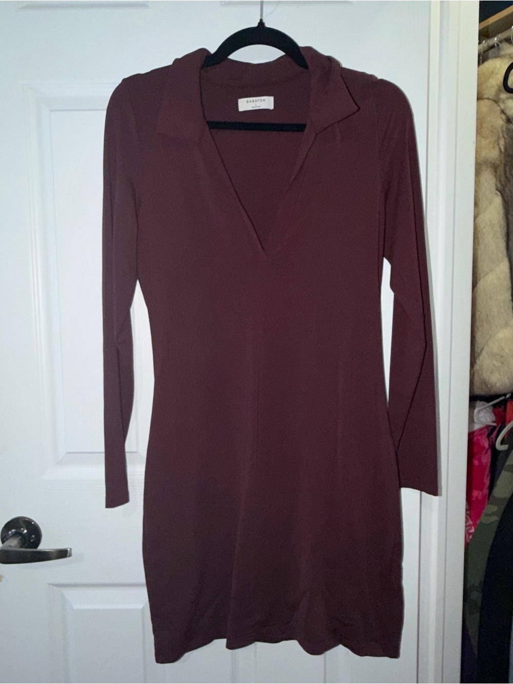 Babaton contour Long Sleeve V-Neck Dress in Deep Plum